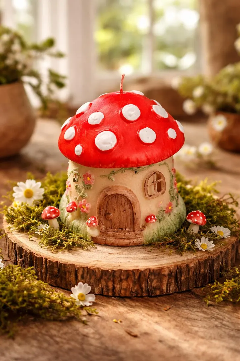 Hand-Painted Woodland Mushroom House Candle